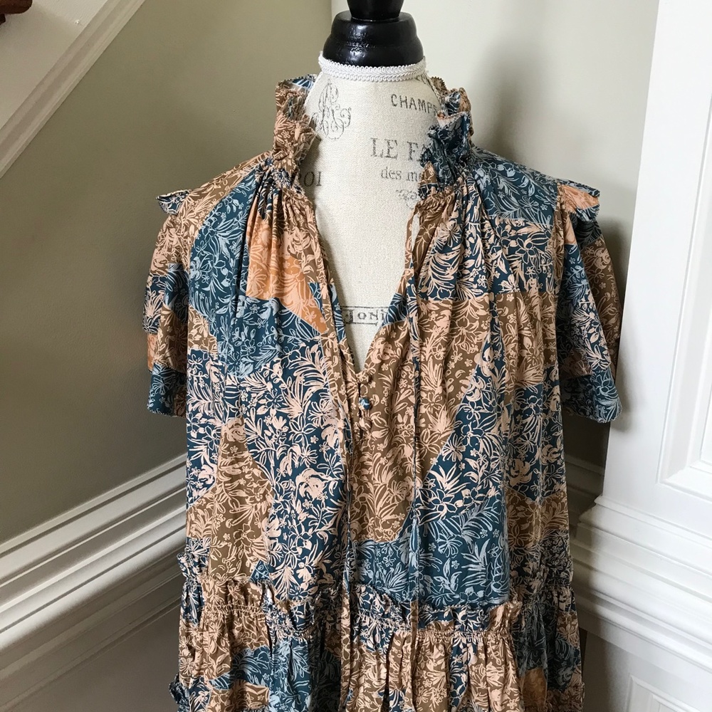 NWOT Hunter Bell Merritt Shift Dress Womens Large Blue Tan Short Sleeve V-Neck - Picture 6 of 13